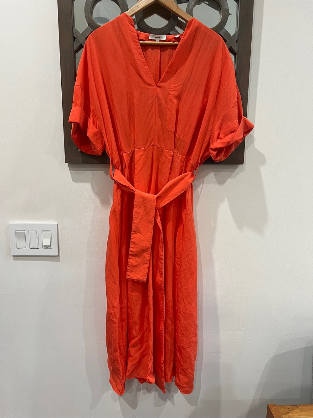 Vince Bright Orange V-Neck Tie-Waist Midi Dress
